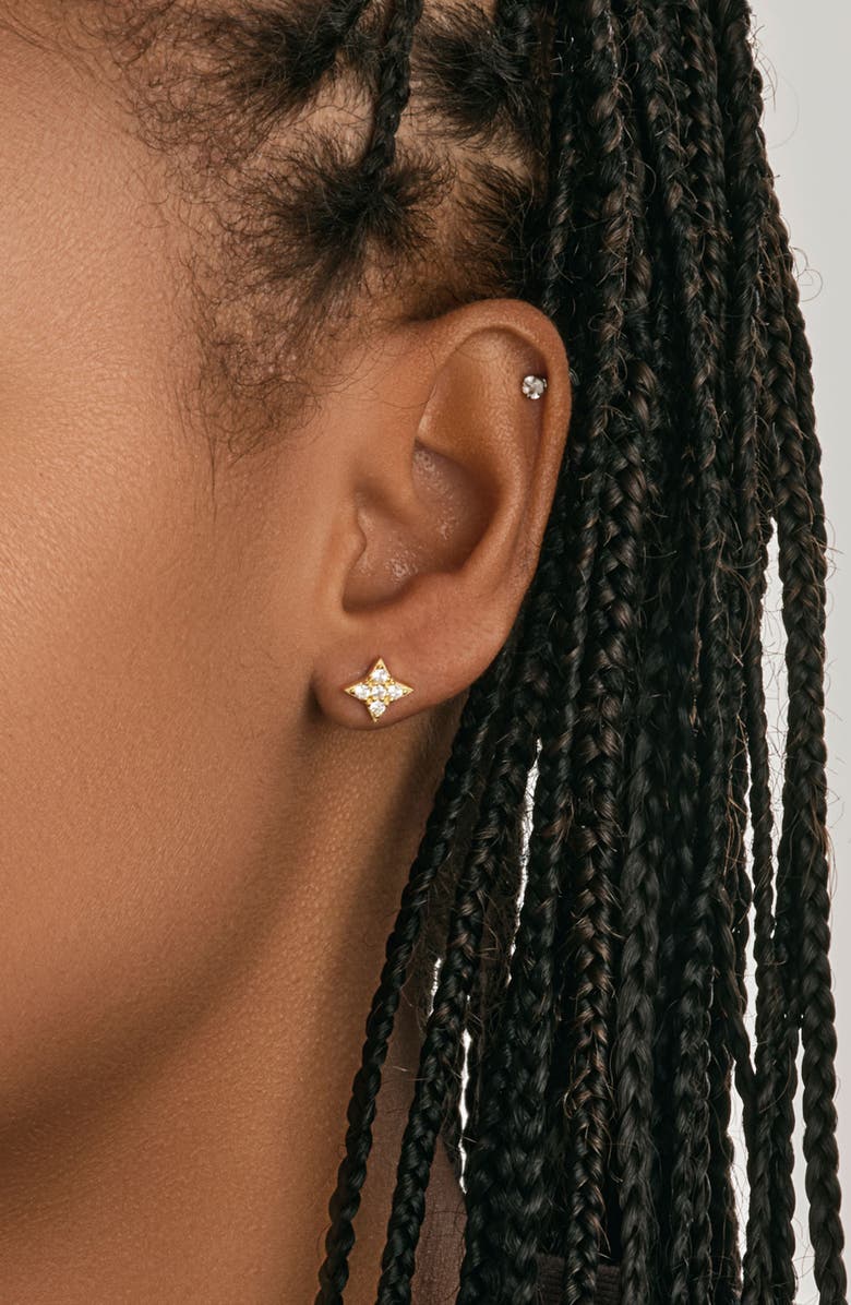 Sterling Forever 14K Gold Plated Sterling Silver & CZ Dainty Four Pointed Star Stud Earrings, Alternate, color, Gold