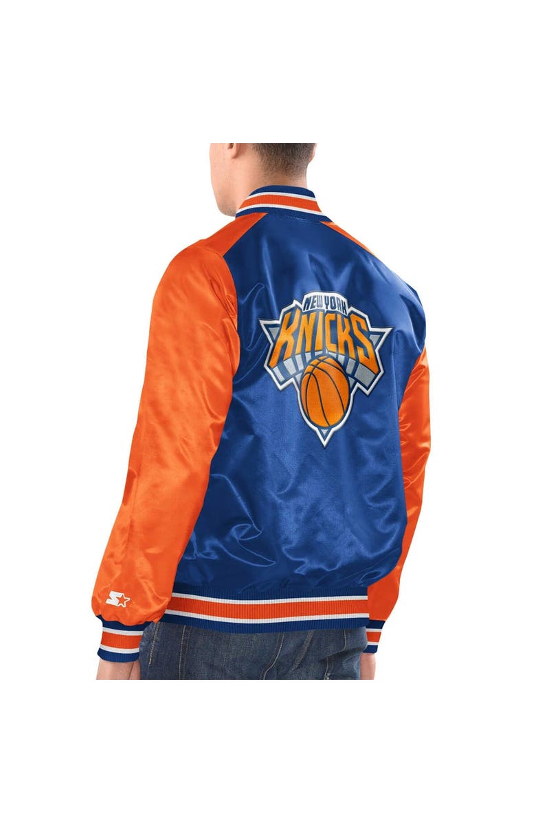STARTER Men's Starter Blue/Orange New York Knicks Renegade Satin Full-Snap Varsity Jacket, Alternate, color, Blue