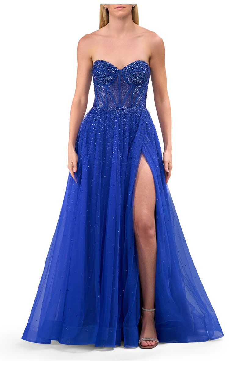 La Femme Rhinestone Embellished A-line Tulle Gown with Corset Top, Alternate, color, Royal Blue
