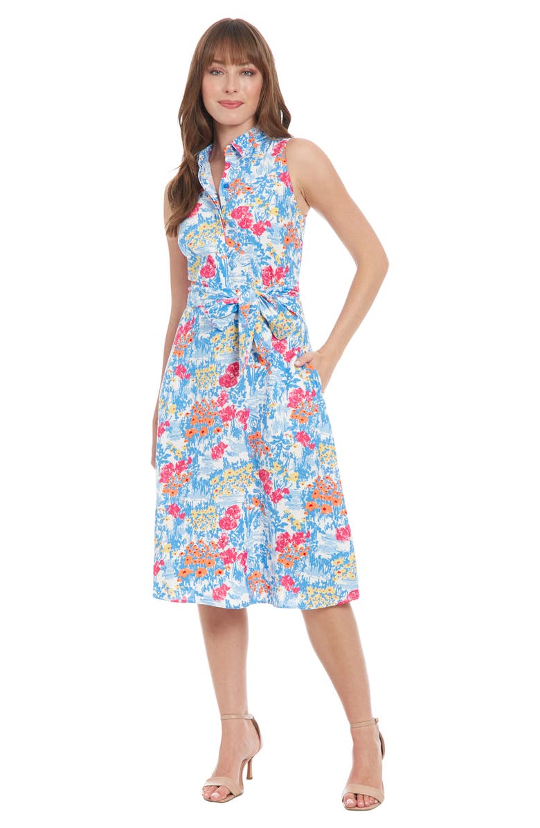 London Times Floral Sleeveless Linen Blend Midi Shirtdress, Alternate, color, Cream/ Cornflower Blue