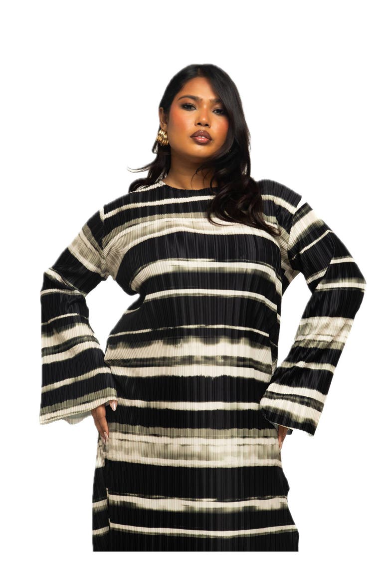 Long Sleeved Striped Plisse Midi Dress, Alternate, color, Khaki