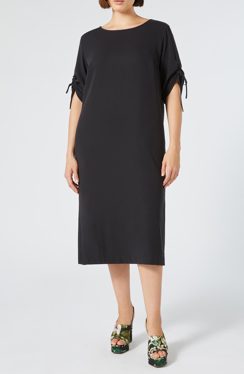 Marina Rinaldi Geode Ruched Sleeve Cotton Dress, Main, color, Black