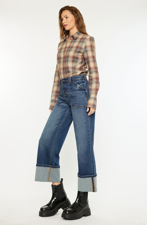 Kancan Beanie High Rise Ankle Wide Leg Jeans In Dark Wash