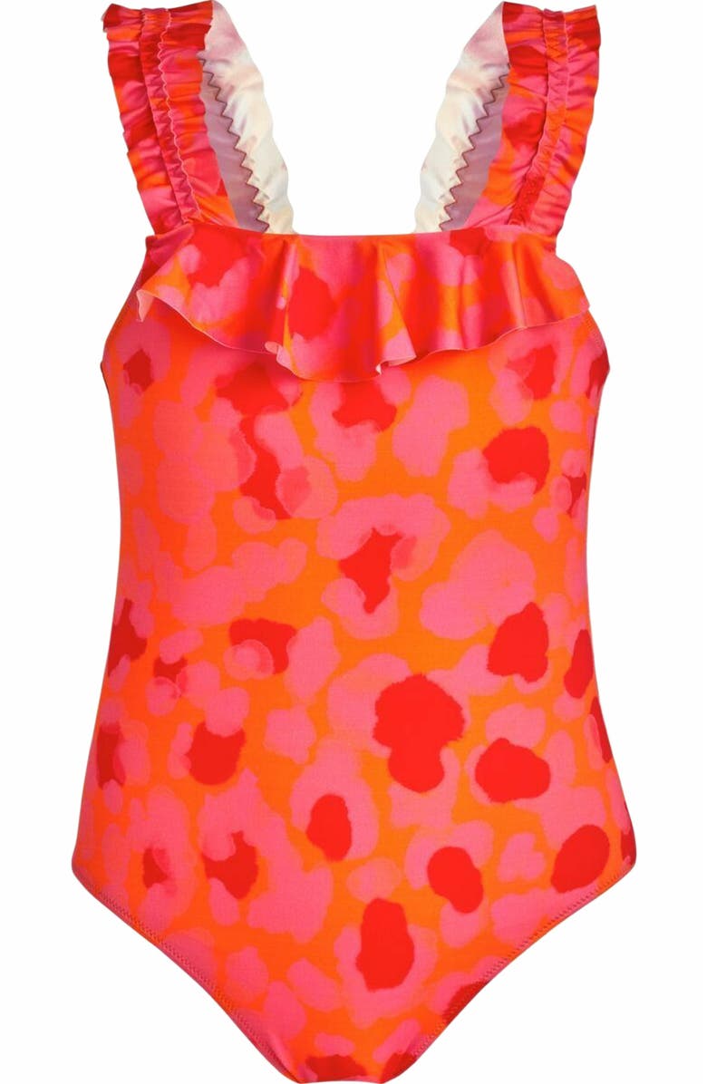 Vilebrequin Kids' New Leopard Ruffle One-Piece Swimsuit, Main, color, Abricot