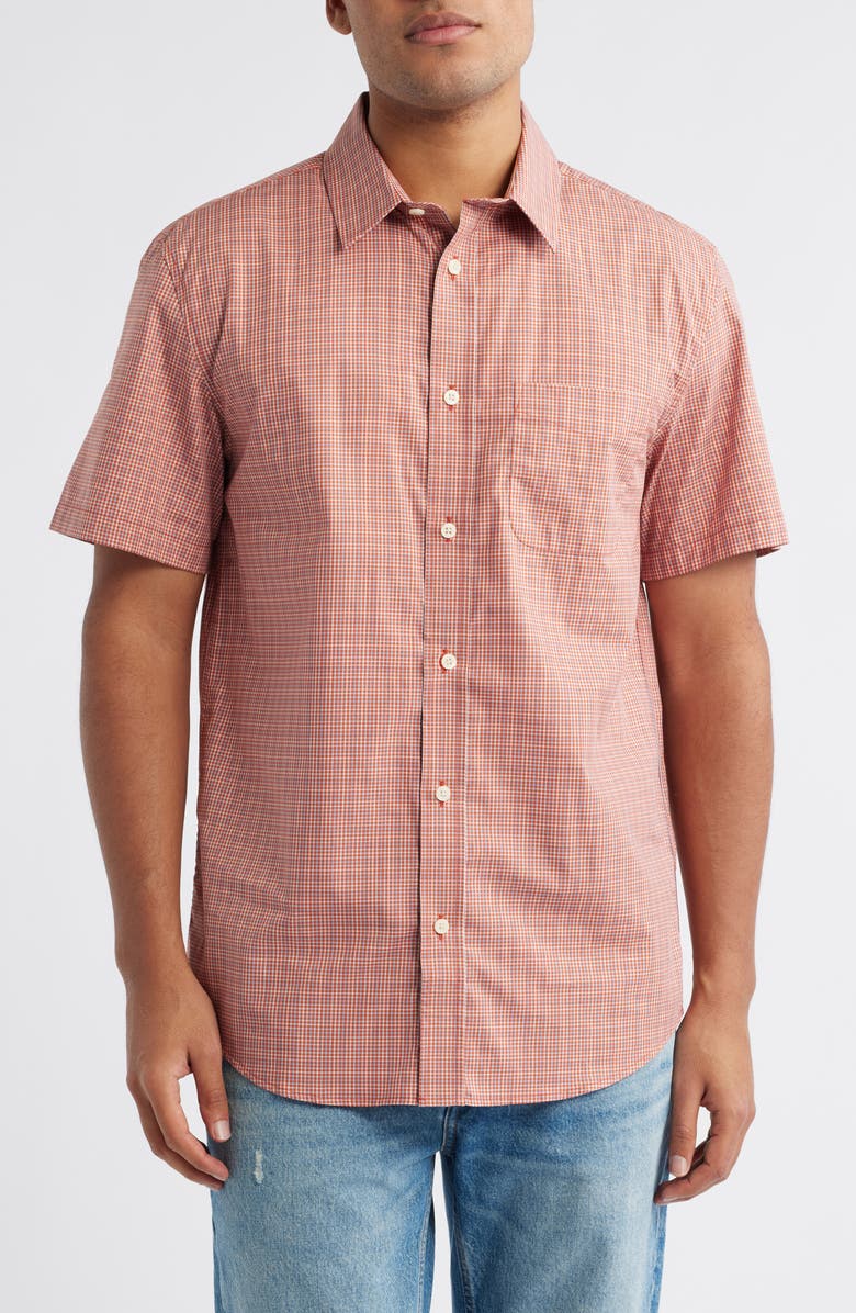 Pendleton Academy Check Pima Cotton Short Sleeve Button-Up Shirt, Main, color, Brick/ Blue Plaid