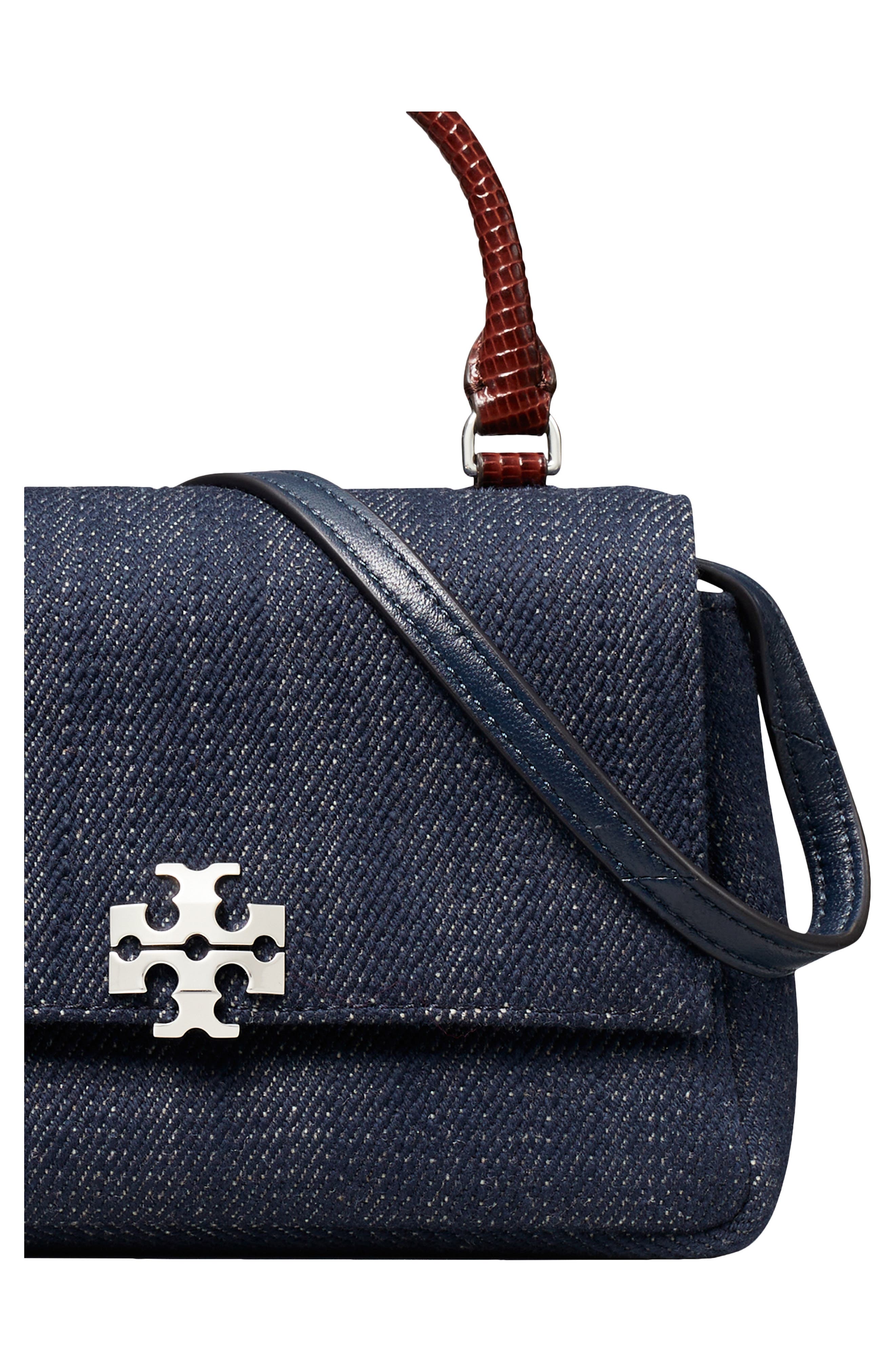 Tory Burch Charlie Denim Top Handle Bag, Alternate, color, Midnight