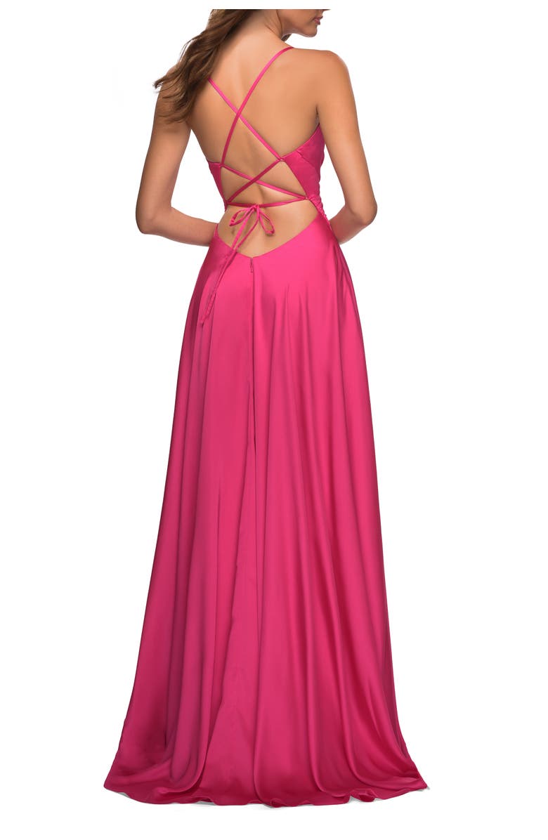 La Femme Satin Hot Pink Gown with Criss-Cross Ruched Top, Alternate, color, Hot Pink