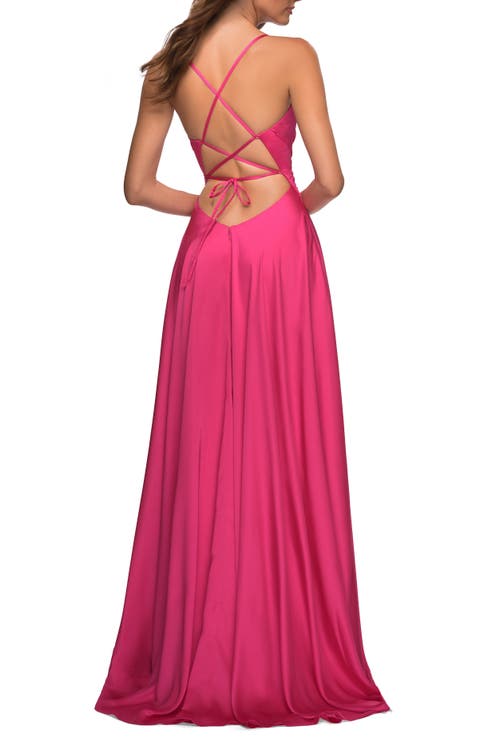 La Femme Satin Hot Pink Gown With Criss-cross Ruched Top In Hot Pink