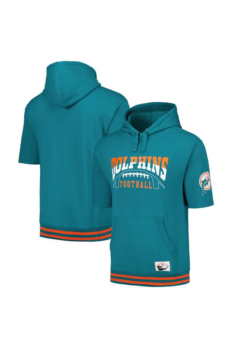 Men's Mitchell & Ness Aqua Miami Dolphins Pre-Game Short Sleeve Pullover Hoodie, Main, color, Aqua
