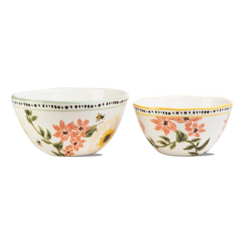 Bee Floral Ceramic Serving Bowl Set of Two Multicolor