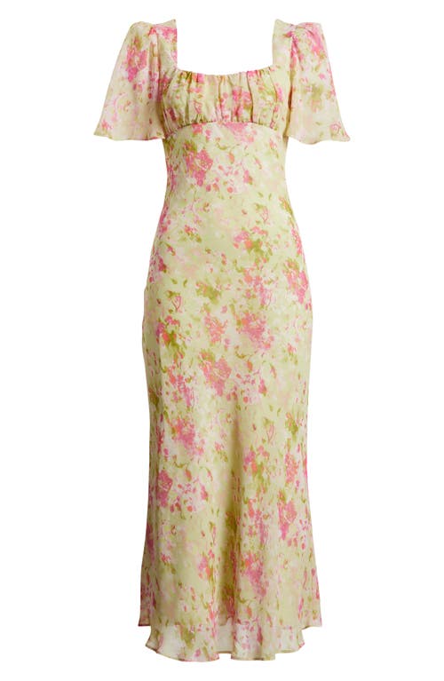 Astr Floral Tie Back Flutter Sleeve Dress In Lime Pink Floral