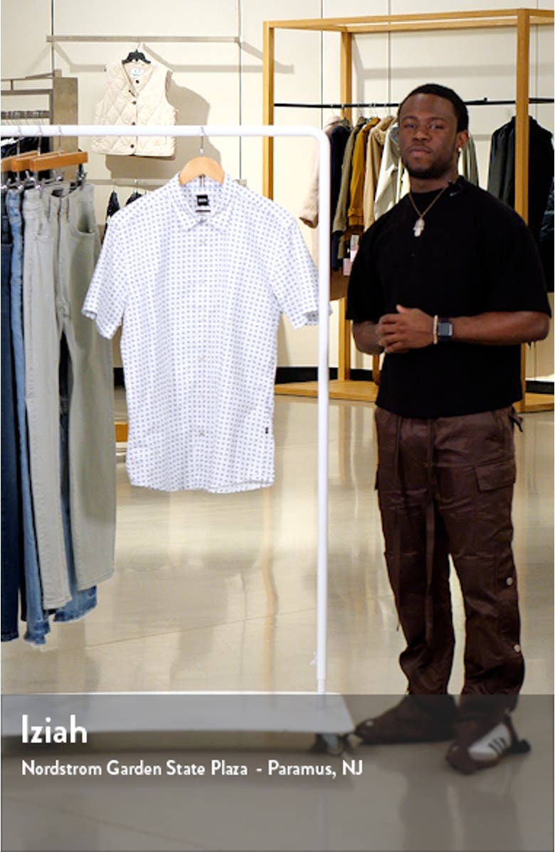 Roan Geo Print Short Sleeve Button-Up Shirt, sales video thumbnail