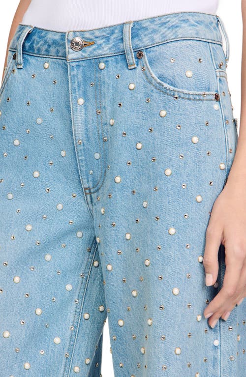 Sandro Womens Rhinestone-embellished Wide-leg Mid-rise Denim Jeans Bleus In Blue Jean