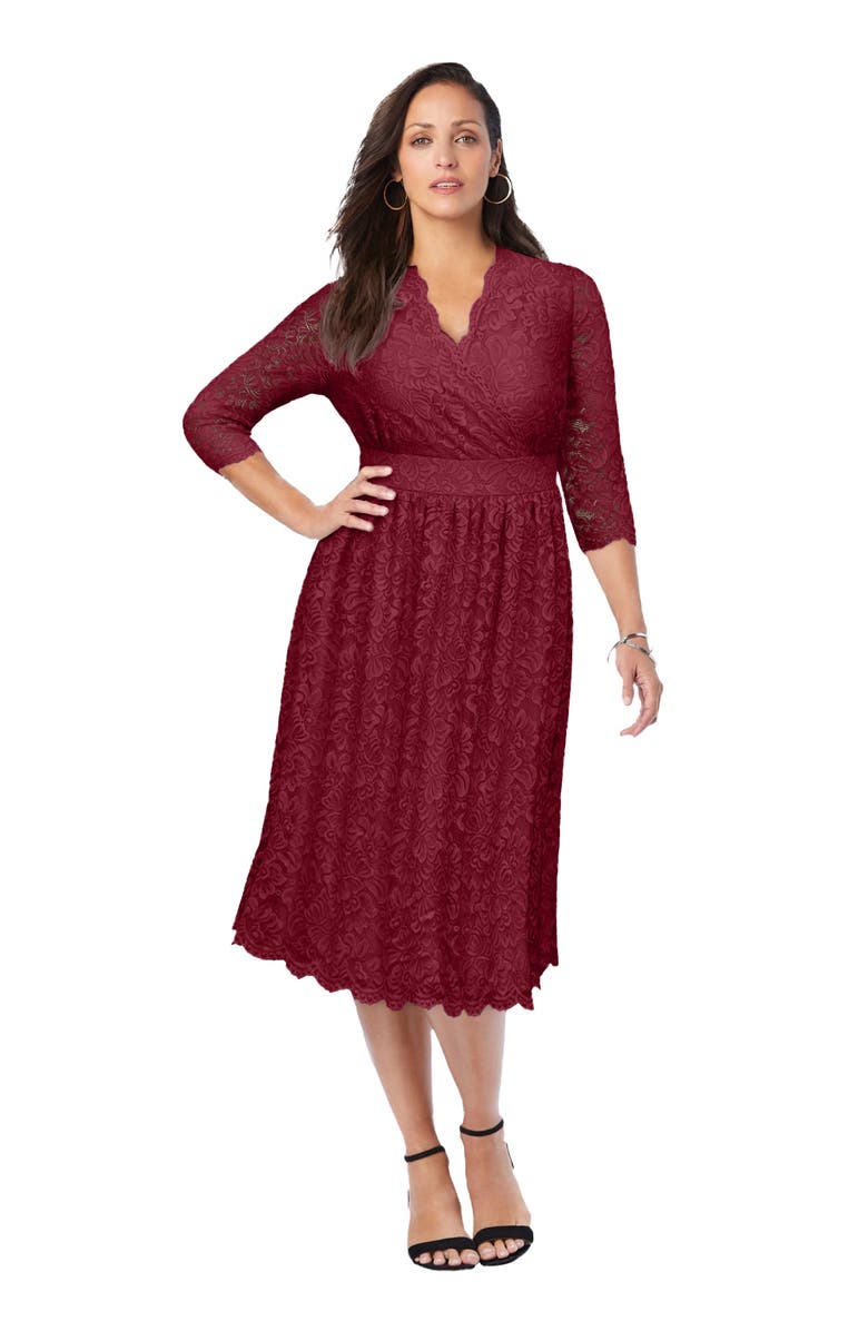 Jessica London Stretch Lace A-Line Dress, Main, color, Rich Burgundy