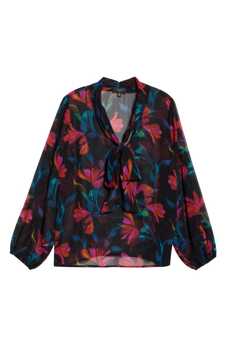 Tahari ASL Floral Bow Neck Chiffon Top, Alternate, color, Black Pink Floral