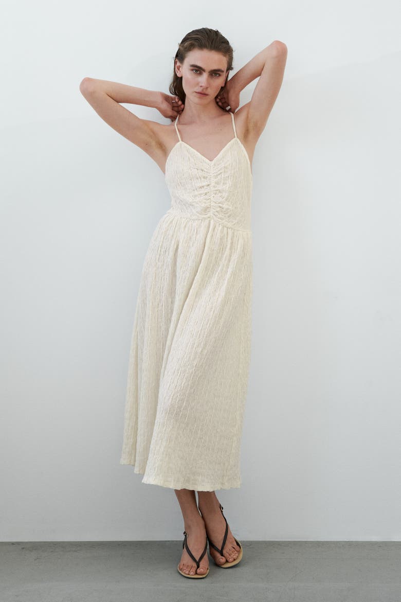 cream strappy dress Strappy Plunge Double Split Leg Maxi Dress In Cream Texture | EGO US