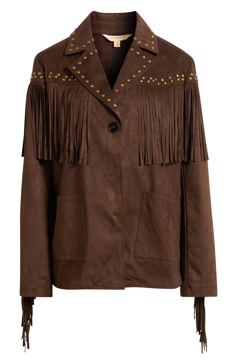 KITTENISH Fringe Detail Faux Suede Jacket, Main, color, Coffee Bean