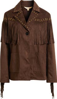 KITTENISH Fringe Detail Faux Suede Jacket