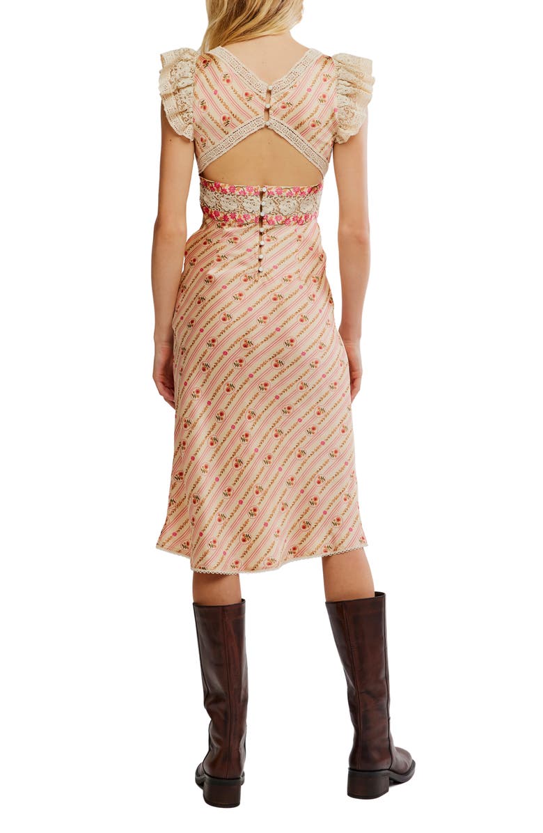 Free People Bali Belle Floral Ruffle Satin Midi Dress, Alternate, color, Soft Pink