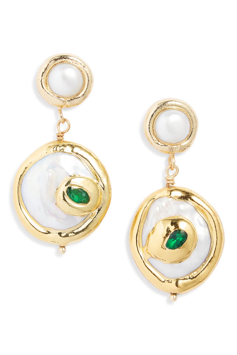 Freshwater Pearl Disc Drop Earrings, Main, color, GOLD