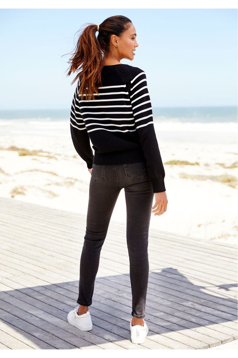 Striped Button Detail Sweater, Alternate, color, Black & White