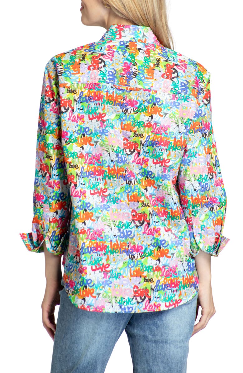 APNY Oversize Feather Print Button-Up Shirt, Alternate, color, White/Pink Multi