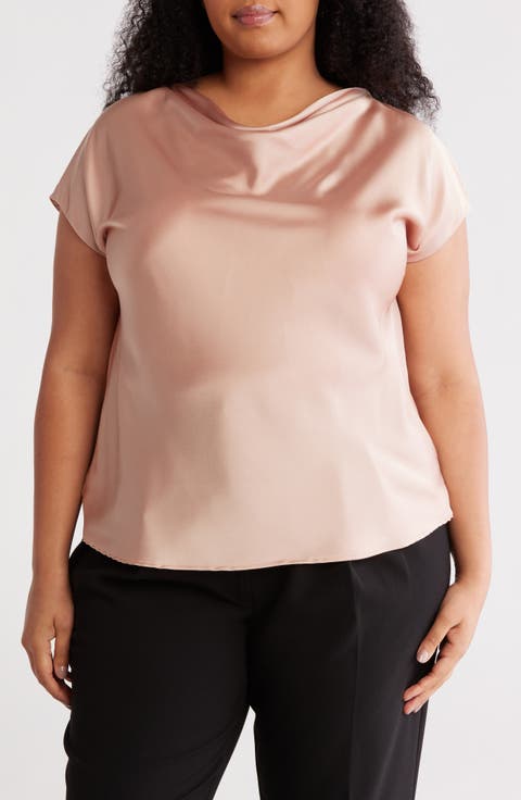 Cowl Neck Short Sleeve Satin Top (Plus)