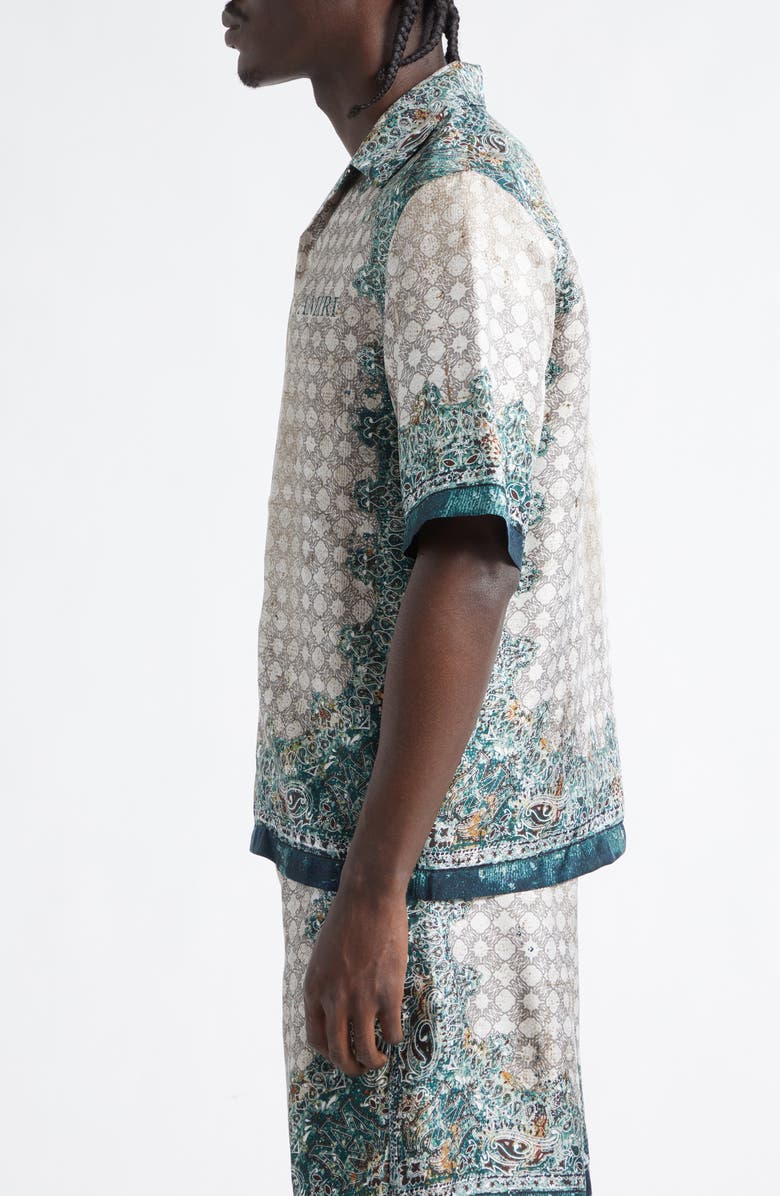 AMIRI Monogram Bandana Print Silk Bowling Shirt, Alternate, color, Multi Archived