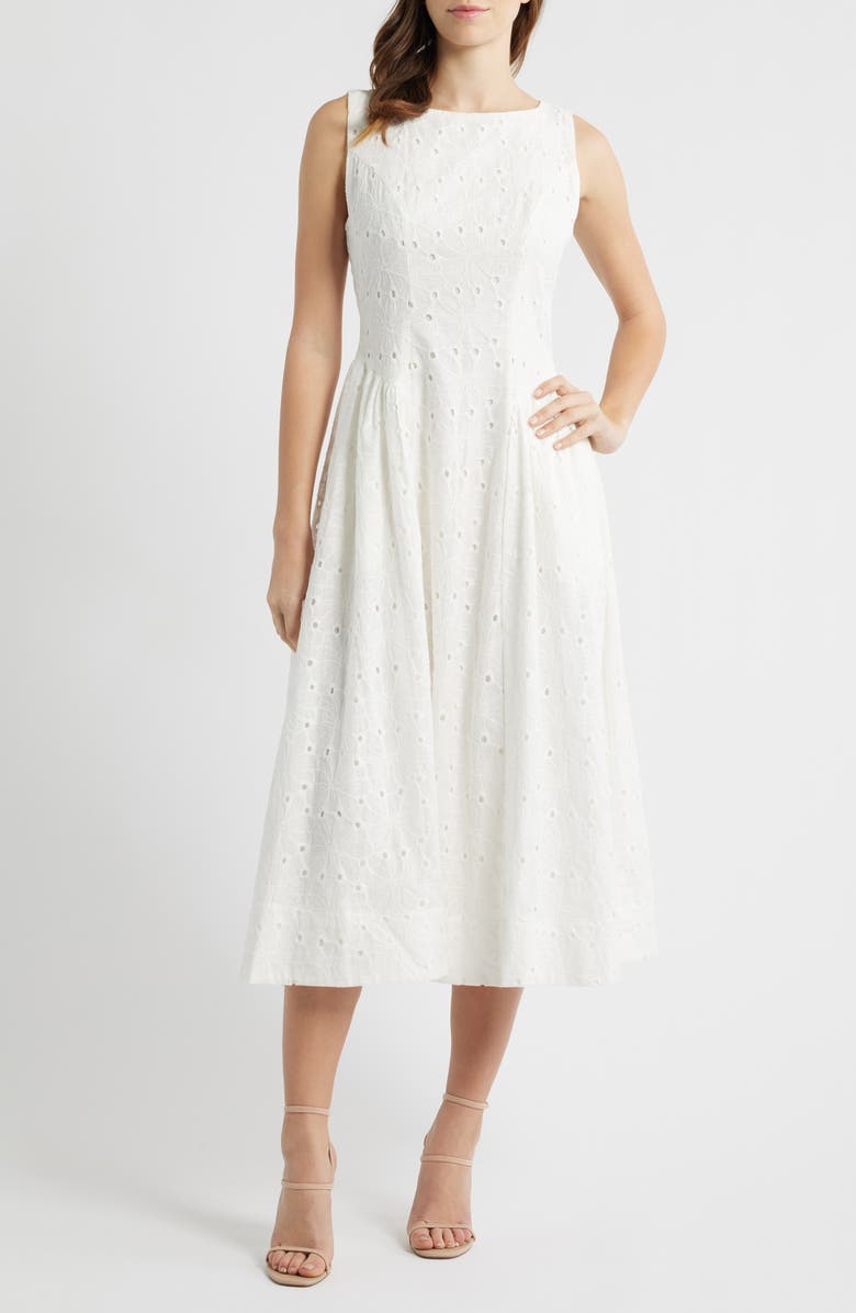 All in Favor Broderie Anglaise Fit & Flare Midi Dress, Main, color, White
