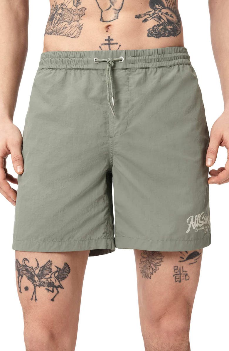 AllSaints Odyssey Logo Swim Trunks, Alternate, color, Spring Green