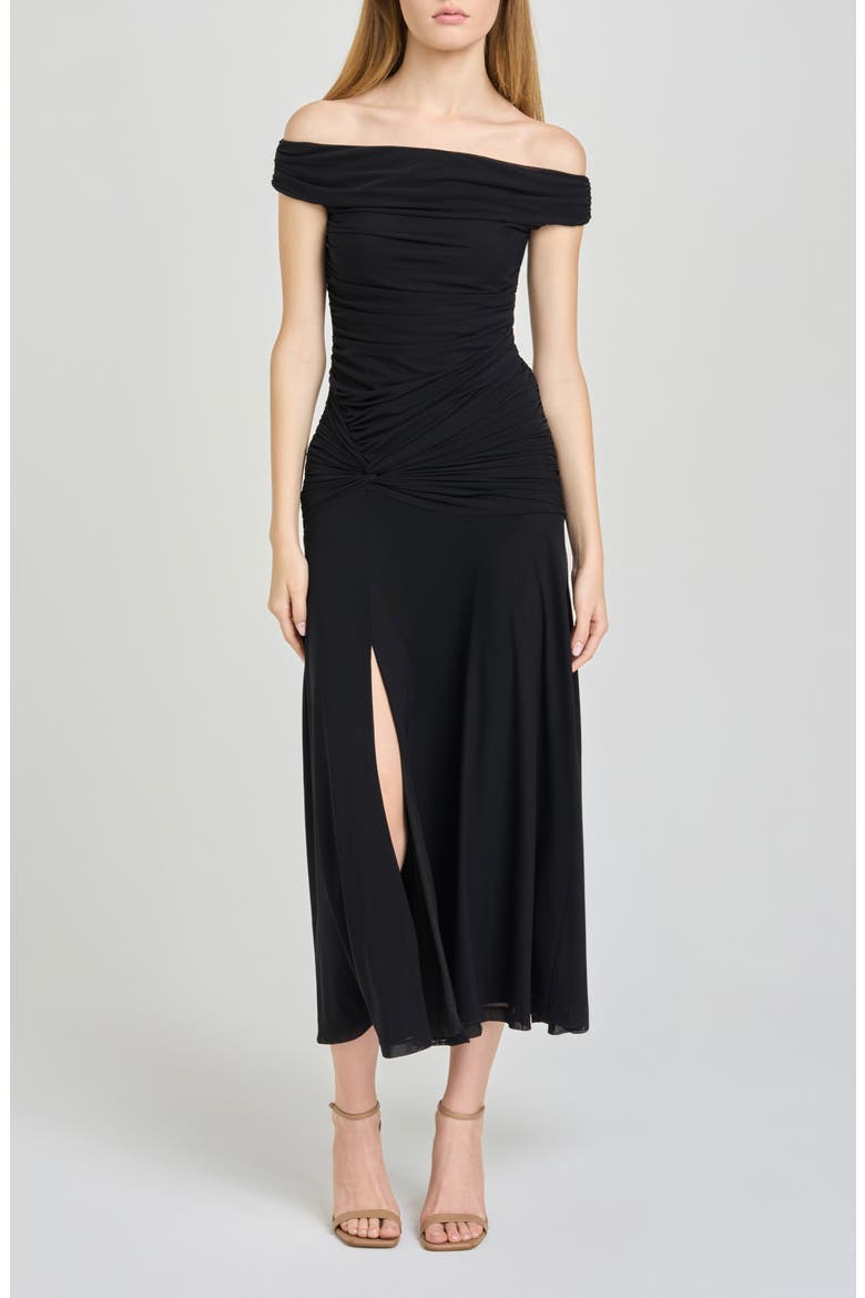 x Hannah Lovey Porter Margaux Off the Shoulder Ruched Dress (Nordstrom Exclusive), Main, color, BLACK