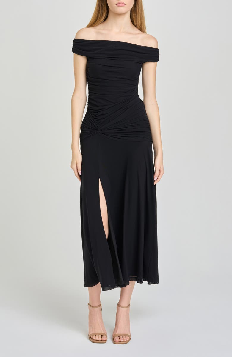 WAYF x Hannah Lovey Porter Margaux Off the Shoulder Ruched Dress, Main, color, Black