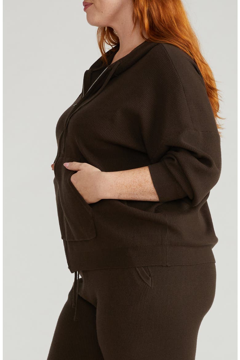 Rib Knit Zip-Up Hoodie, Alternate, color, CHOCOLATE