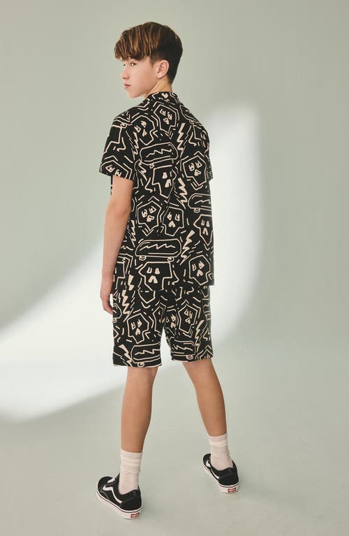 Next Kids' Abstract Print Knit Cotton Camp Shirt & Drawstring Shorts Set In Black