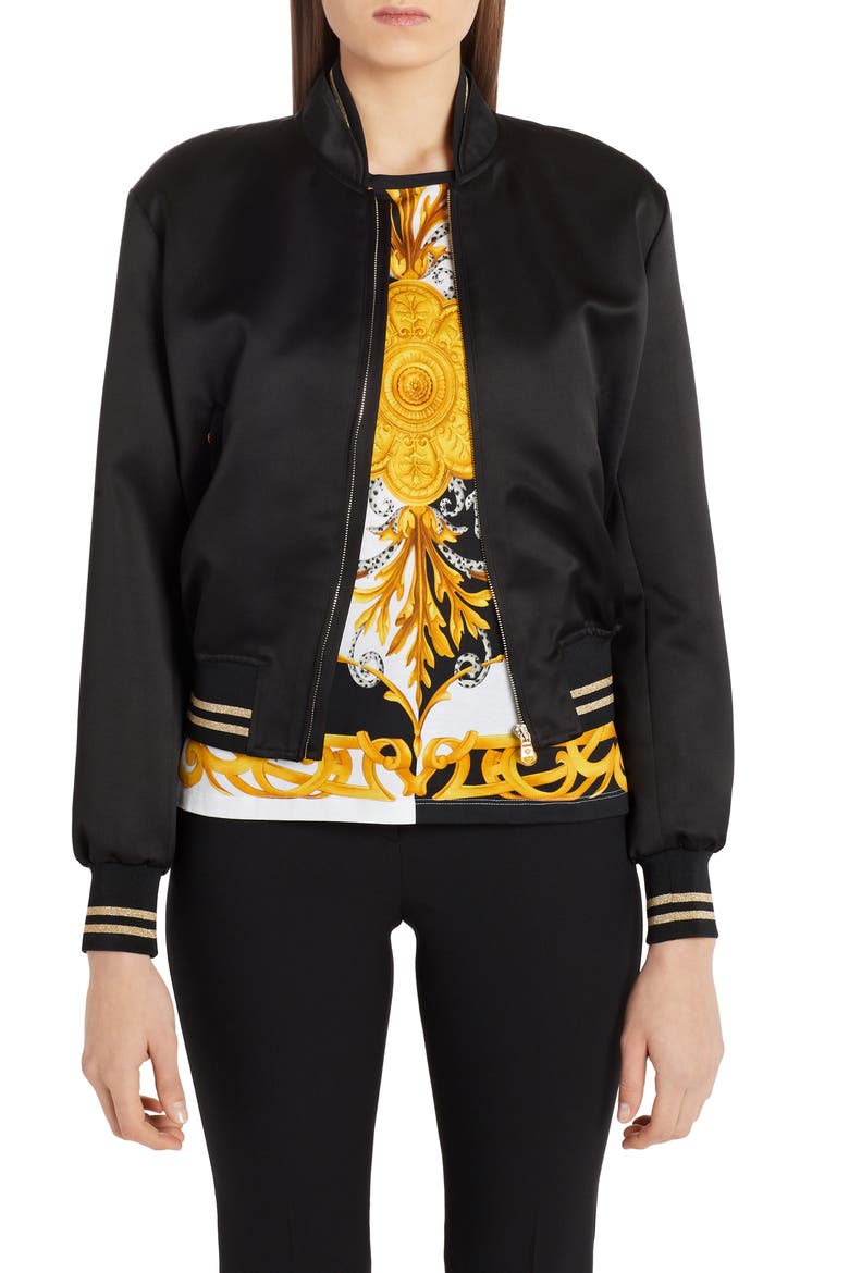 Embroidered Medusa Logo Back Satin Bomber Jacket, Main, color, BLACK