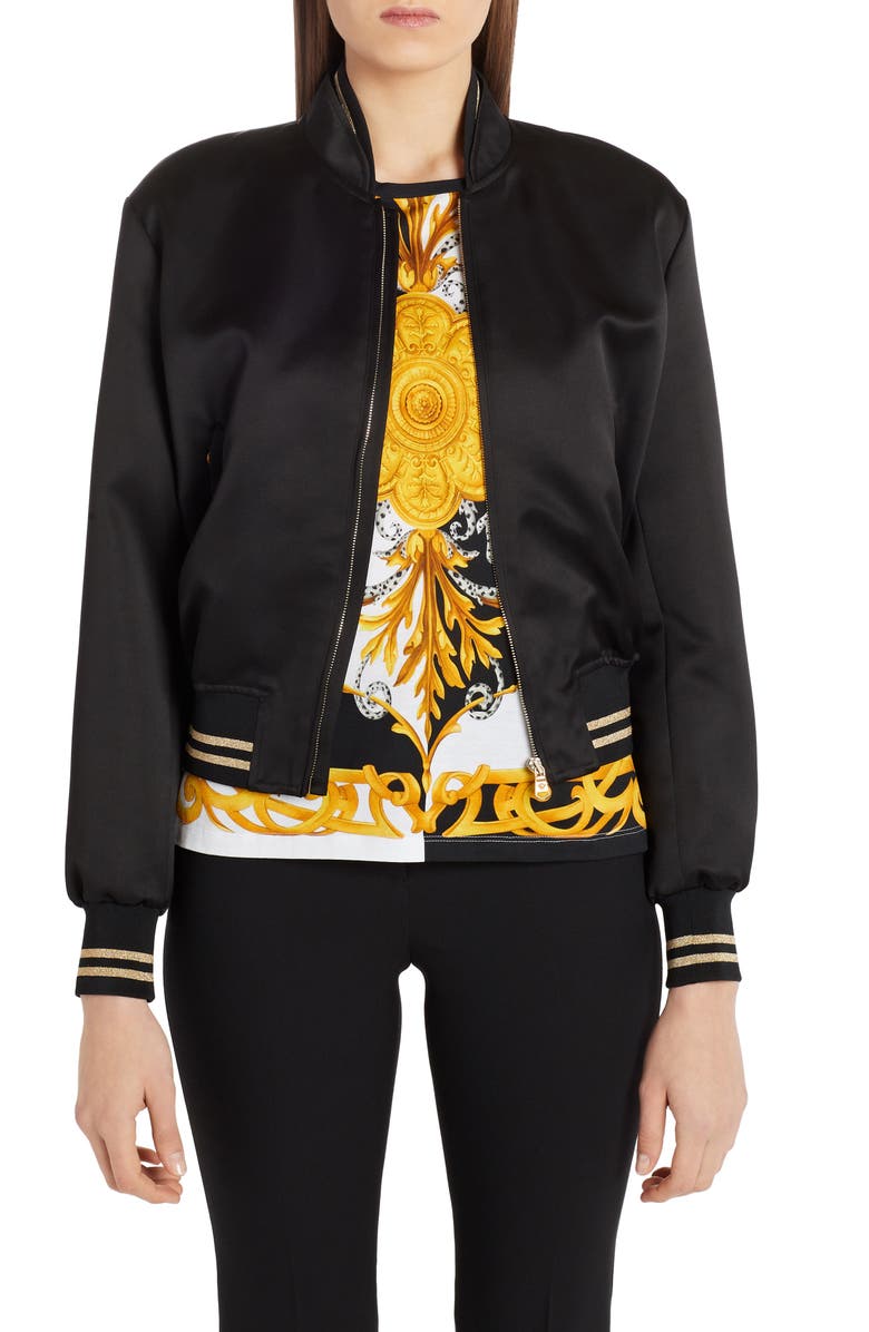 Versace Embroidered Medusa Logo Back Satin Bomber Jacket, Main, color, 