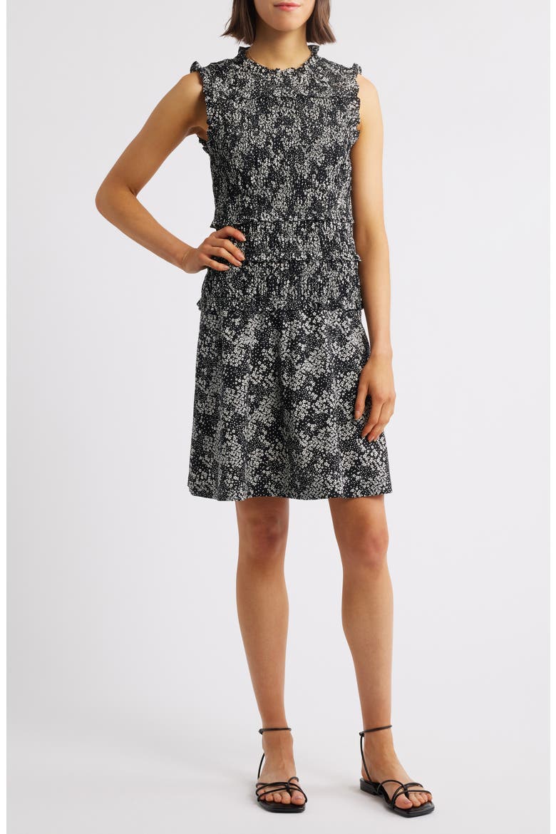Floral Smocked Crewneck Minidress, Alternate, color, HARPER FLORAL BLACK WHITE