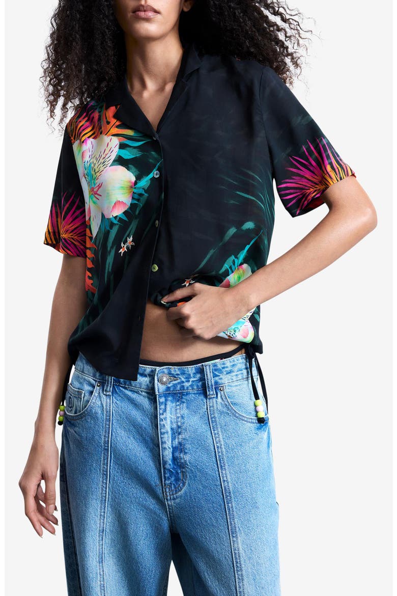 Tropical Floral Print Woven Shirt, Main, color, BLACK
