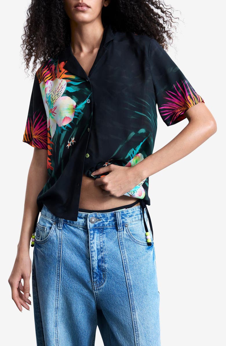 Desigual Tropical Floral Print Woven Shirt, Main, color, Black