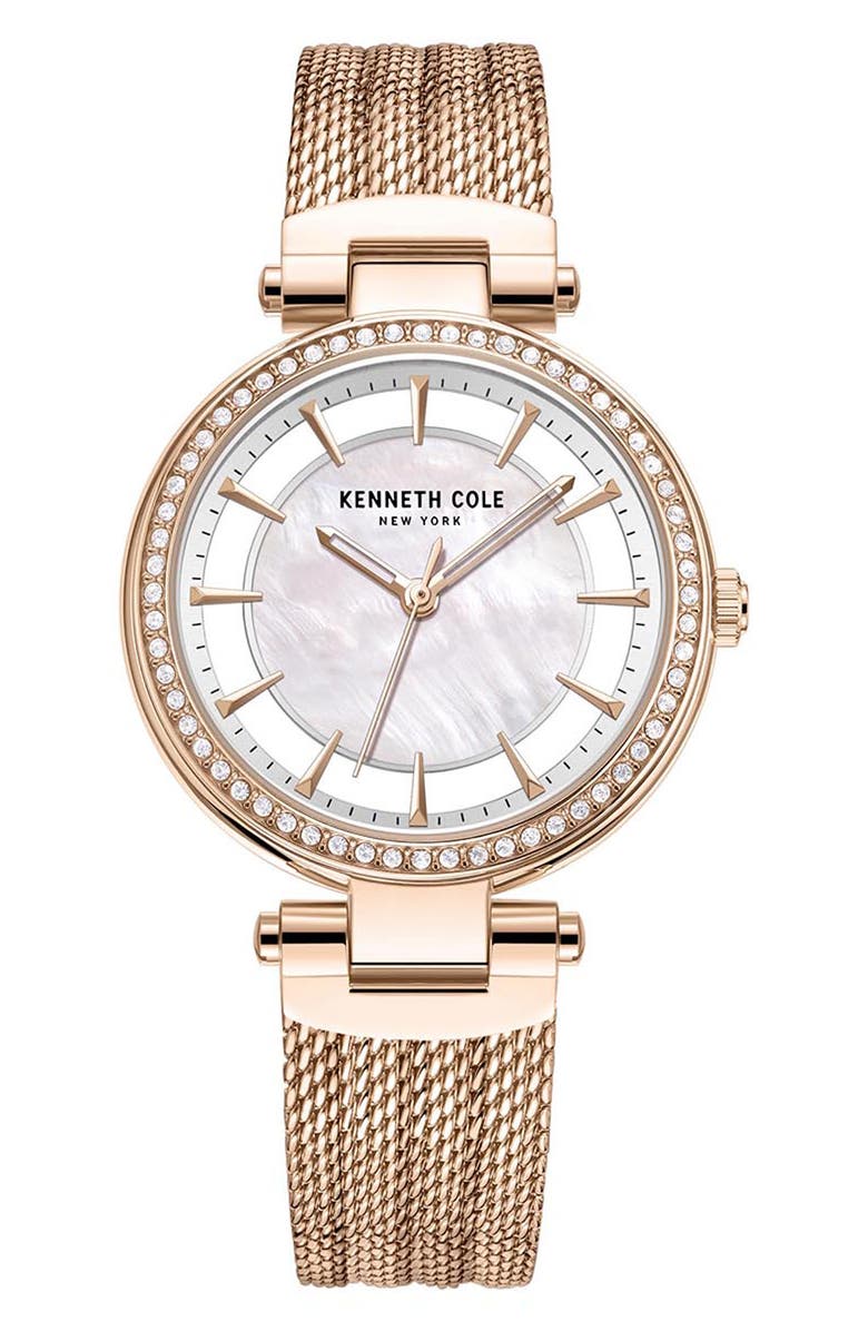 Kenneth Cole Transparency Mother-of-Pearl Dial Mesh Strap Watch, 34mm, Main, color, 