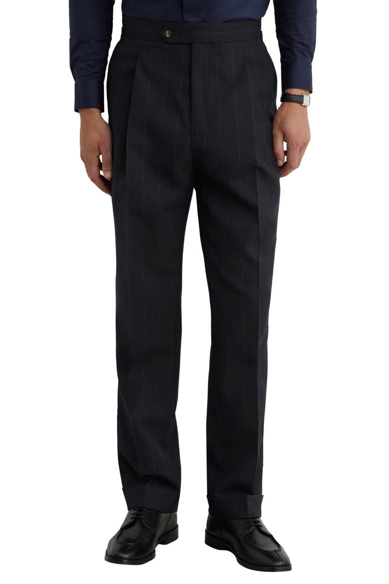 Valley Pinstripe Pleated Wool Formal Trousers, Main, color, NAVY