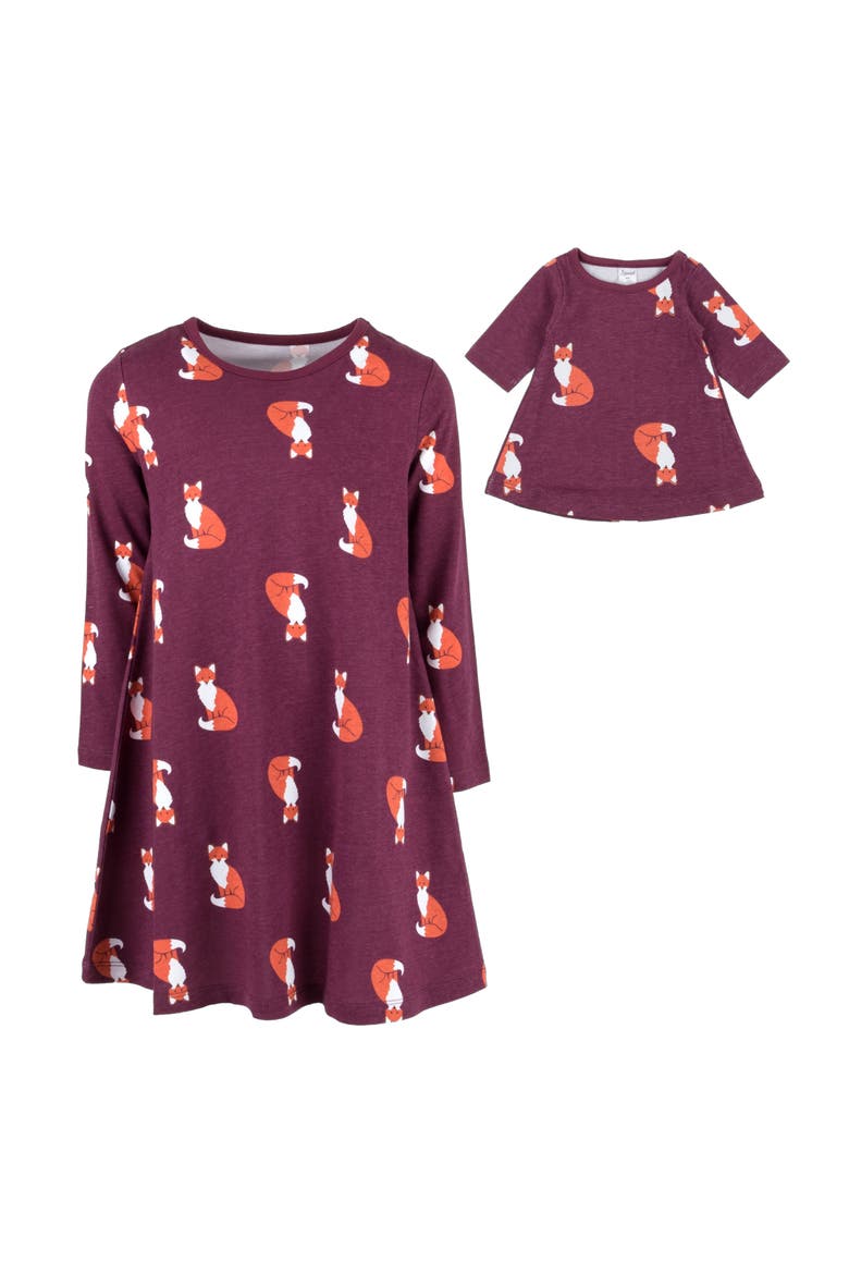 Girls Cotton Dress with Matching Doll Dress, Printed Design, Alternate, color, FOX