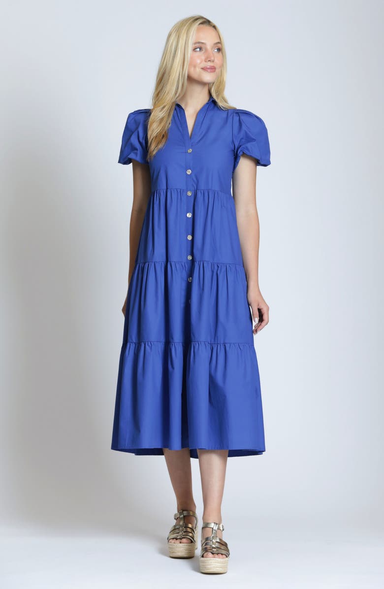 APNY Puff Sleeve Tiered Cotton Midi Dress, Alternate, color, Dazzling Blue
