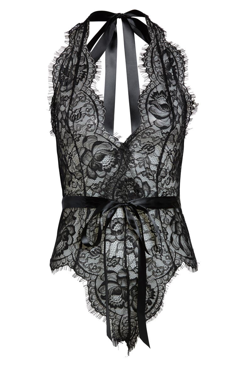 Naomi Plunge Neck Lace Bodysuit, Alternate, color, BLACK