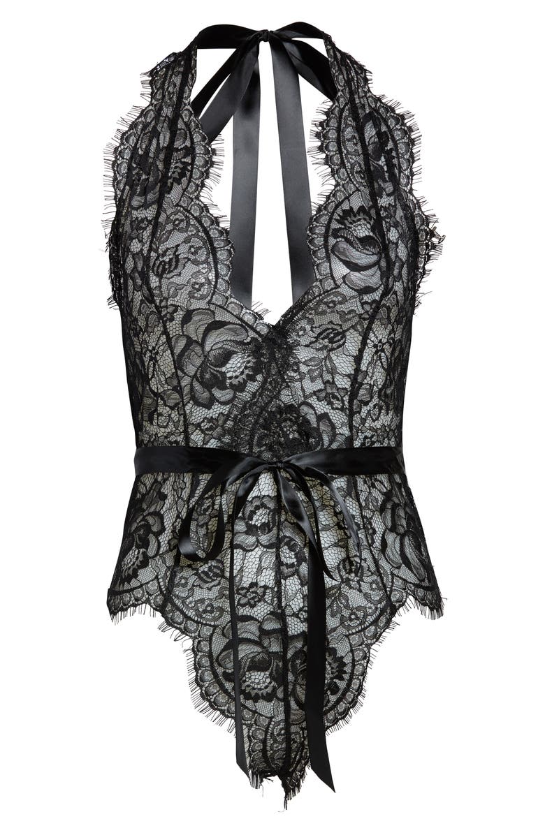 Oh La La Cheri Naomi Plunge Neck Lace Bodysuit, Alternate, color, Black