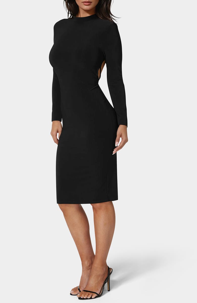 bebe Open Back Long Sleeve Dress, Alternate, color, Black
