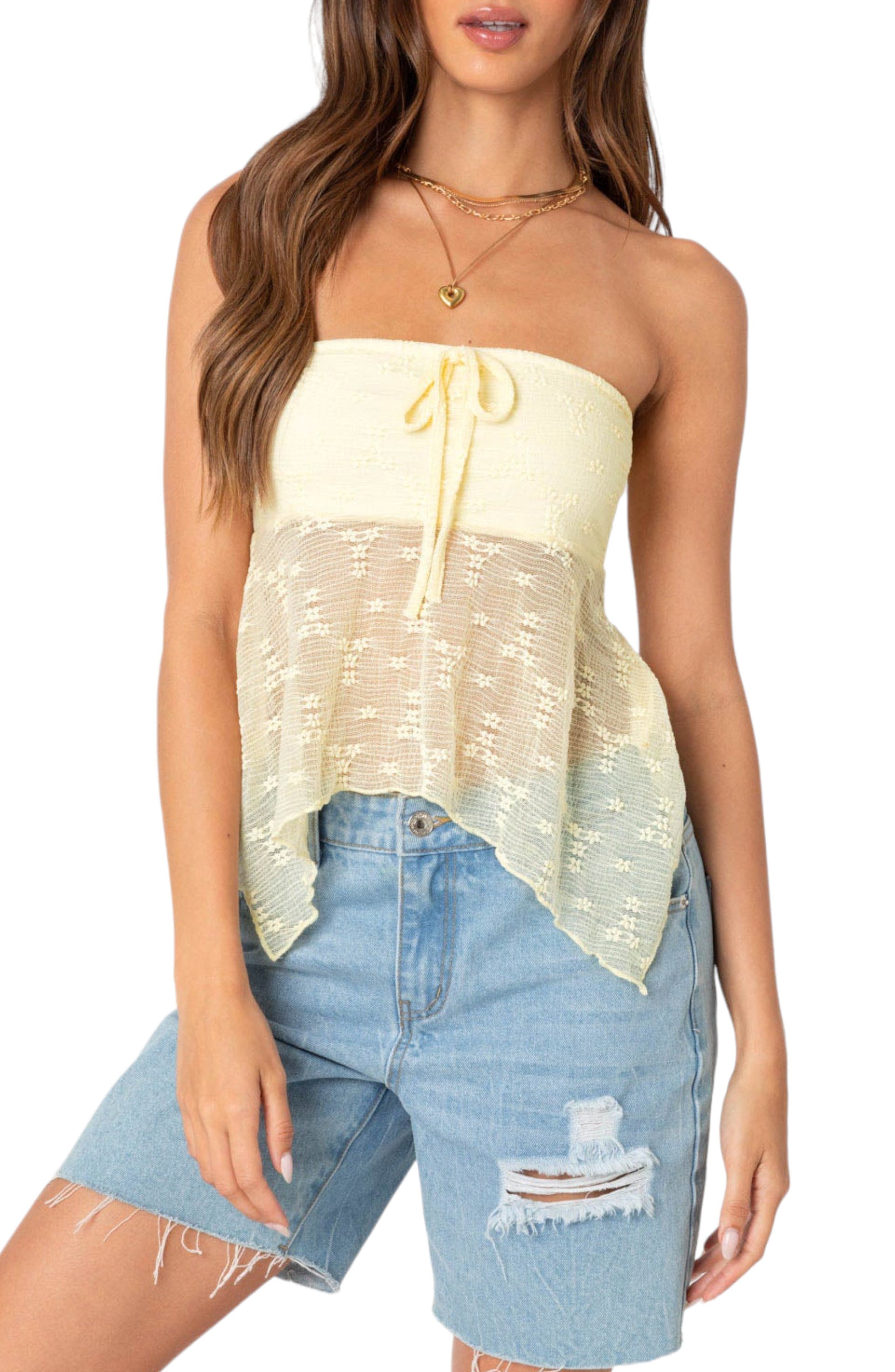 yellow strapless shirt
