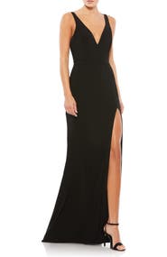 Mac Duggal Plunge Neck High Slit Gown