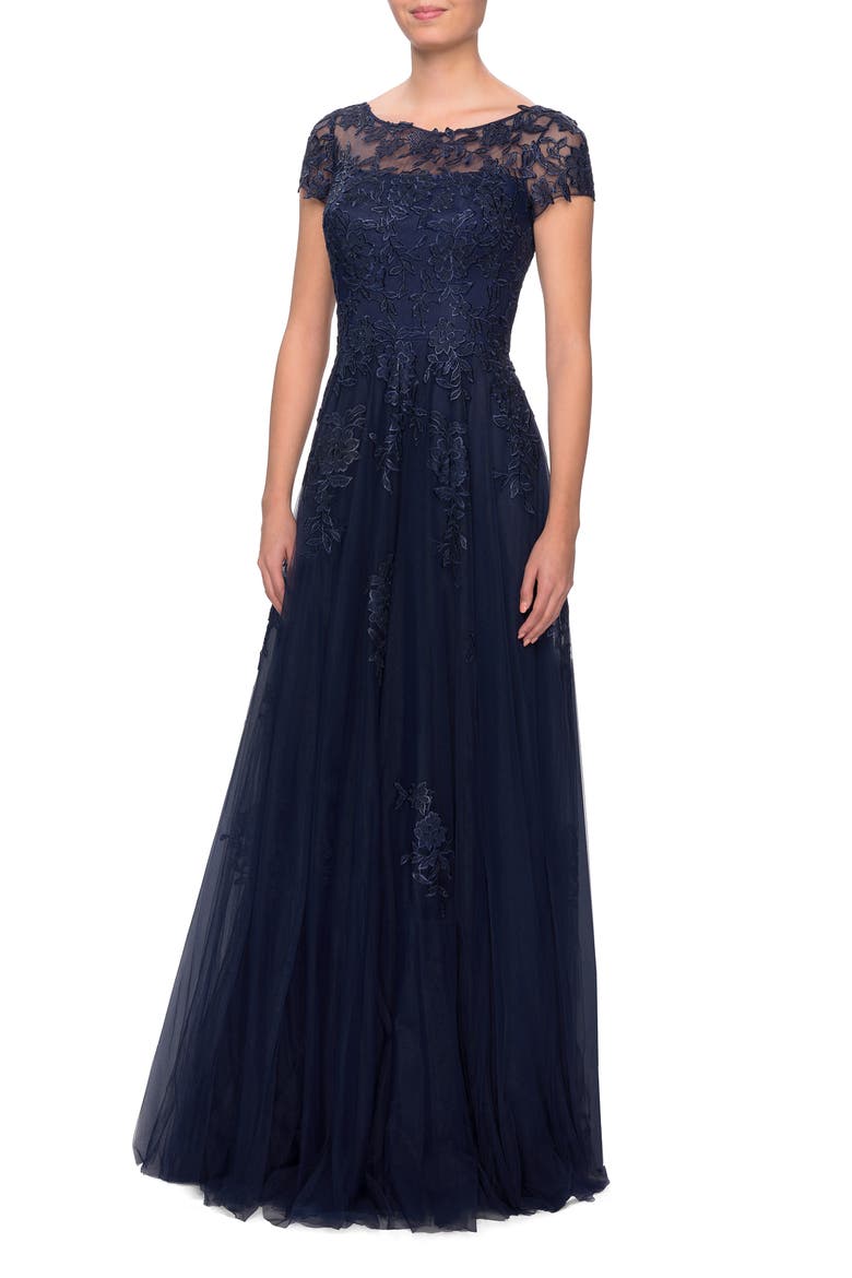 Embroidered Lace Illusion Yoke A-Line Gown, Main, color, NAVY
