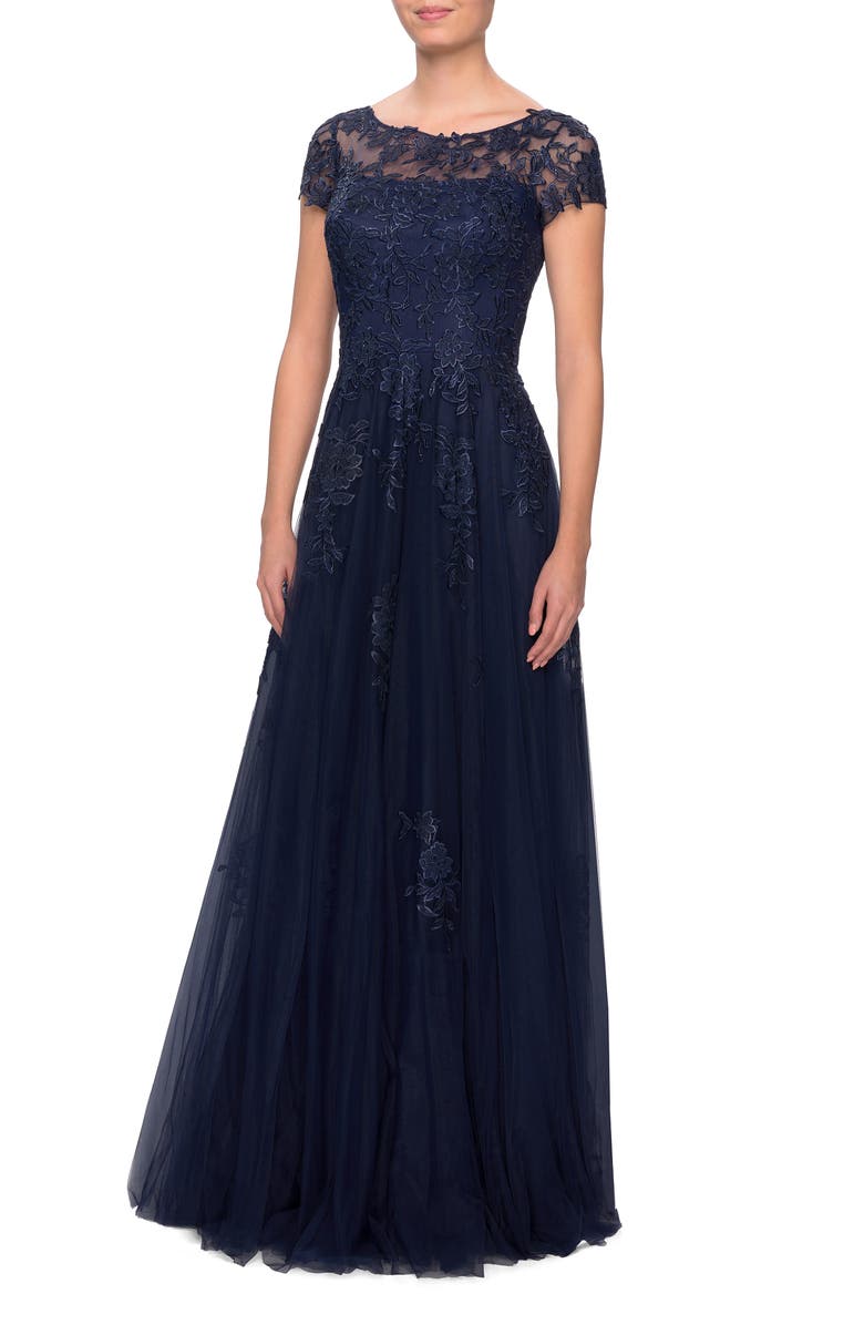 La Femme Embroidered Lace Illusion Yoke A-Line Gown, Main, color, 